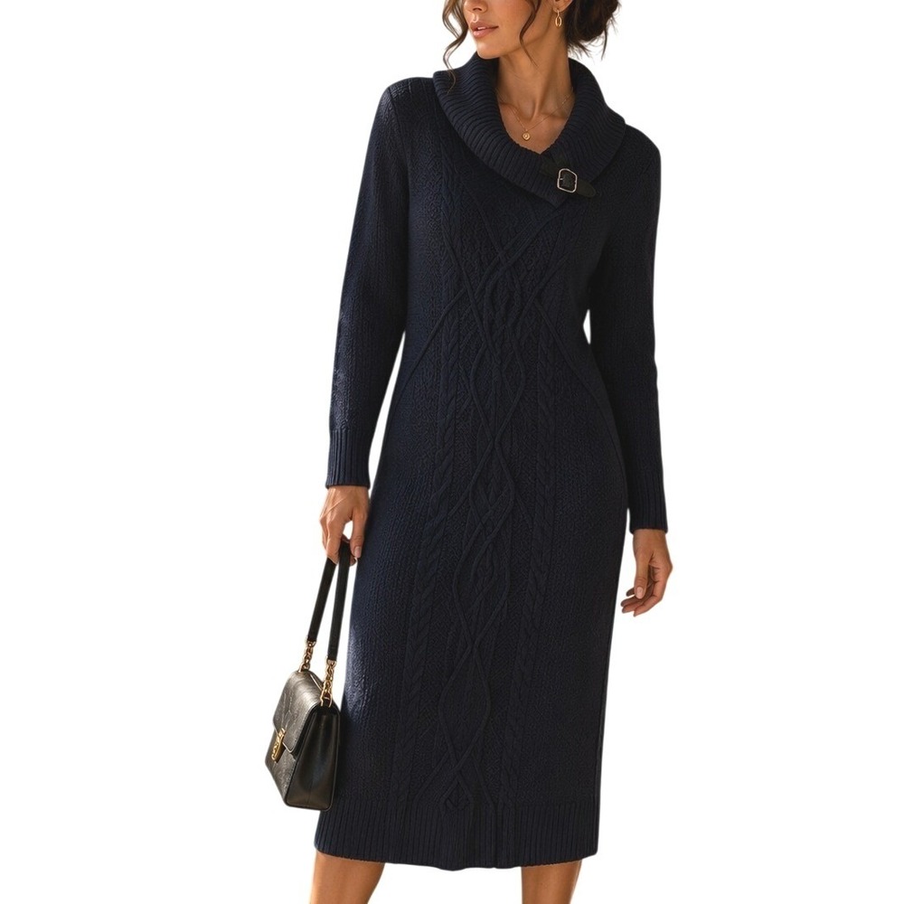 White House Black Market Quiet Luxury Black Cable Knit Cowl Neck Sweater Dress S